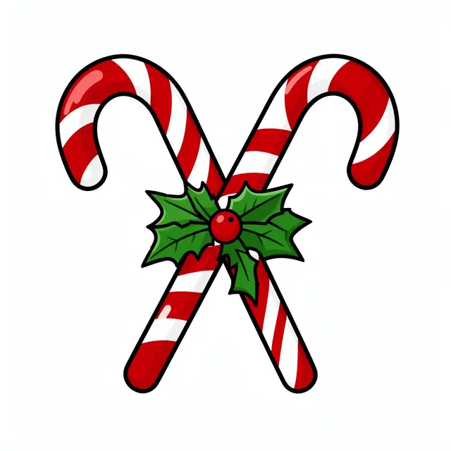 Flat cartoon illustration of two crossed red and white candy canes tied with a holly sprig on a plain white background