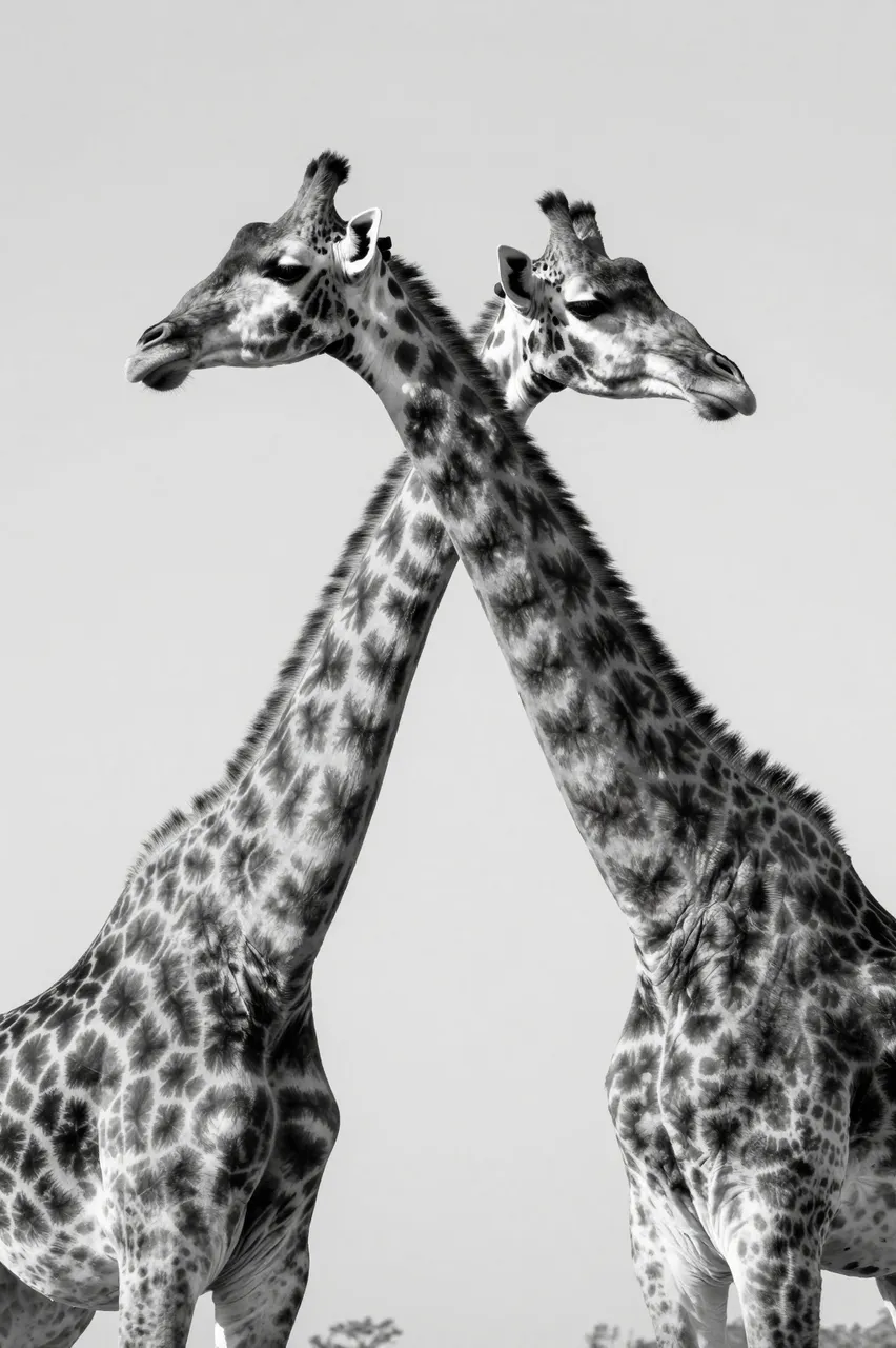 Two giraffes stand with overlapping crossed necks against a plain pale sky in black and white