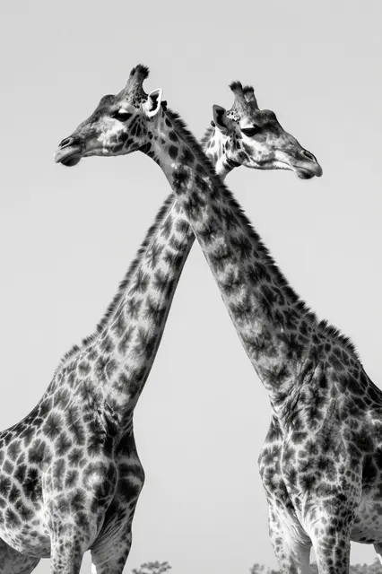 Two giraffes stand with overlapping crossed necks against a plain pale sky in black and white