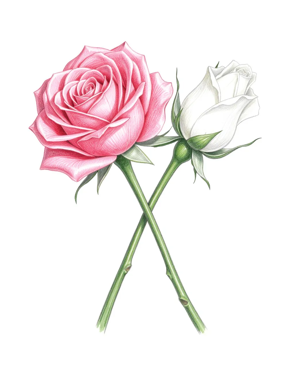 Colored pencil drawing of a pink rose and white rosebud with crossed green stems on plain white paper