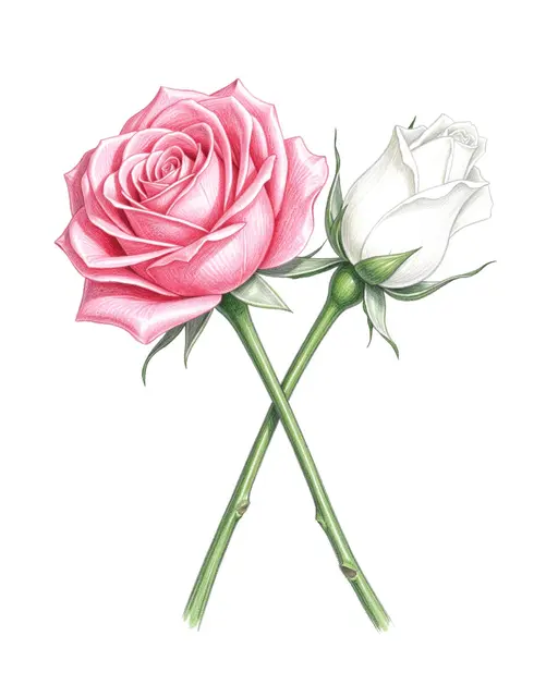 Colored pencil drawing of a pink rose and white rosebud with crossed green stems on plain white paper