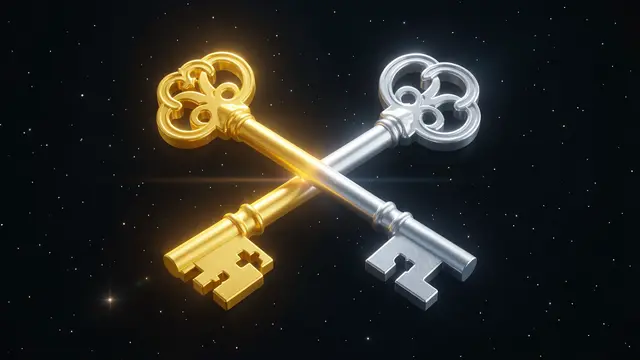 Ornate glowing golden and silver skeleton keys cross against a dark starry background
