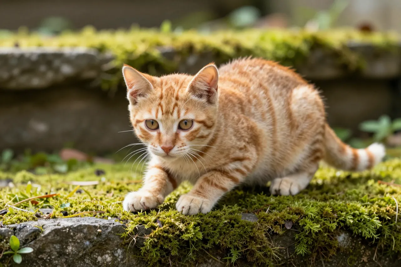 Orange tabby kitten crouched on mossy garden stone step in bright morning light, ready to pounce