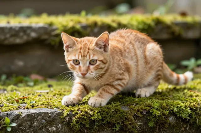 Orange tabby kitten crouched on mossy garden stone step in bright morning light, ready to pounce