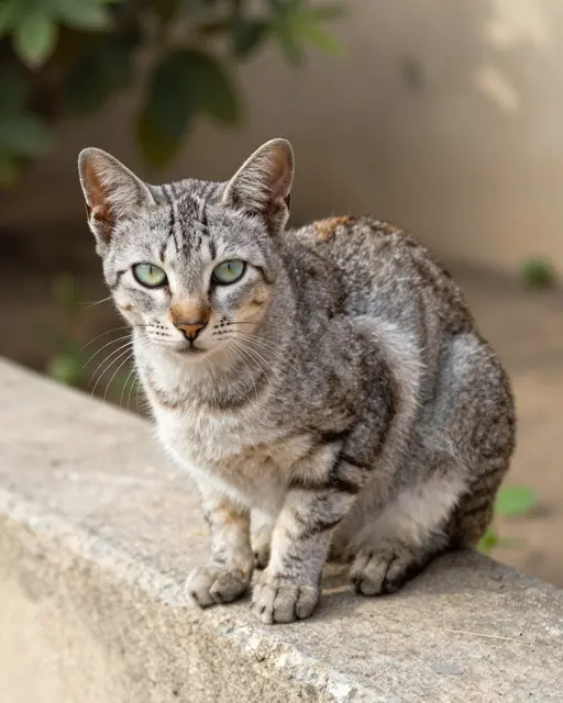 Silver spotted Egyptian Mau cat with pale green eyes sits crouched on a sunlit concrete garden ledge