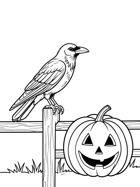 Bold black and white line art of a crow perched on a fence post next to a jack-o'-lantern on a blank white background