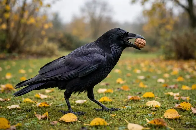 A glossy black crow holds a walnut in its beak while standing on an autumn lawn scattered with yellow leaves.