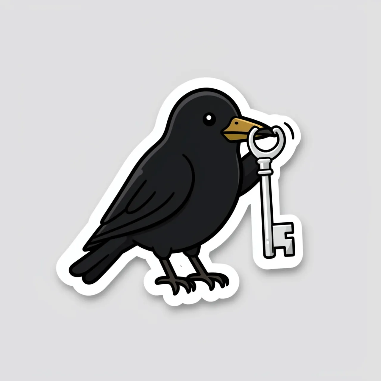 Die-cut sticker of a cute black crow holding a silver key on a plain light gray background