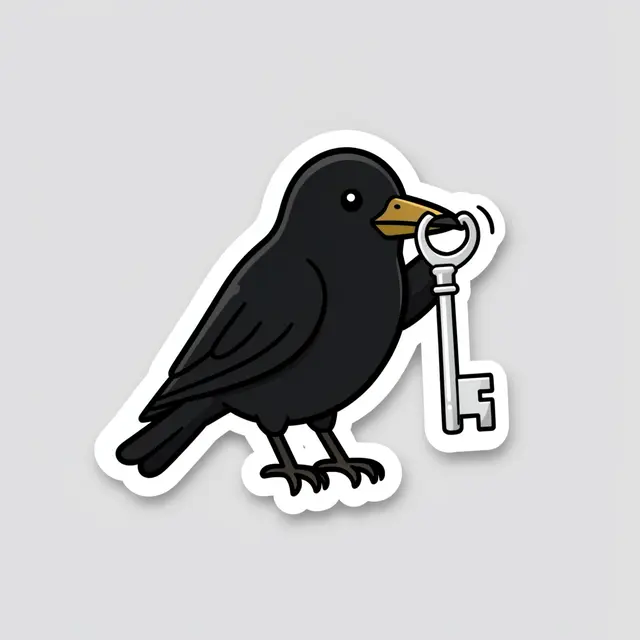 Die-cut sticker of a cute black crow holding a silver key on a plain light gray background