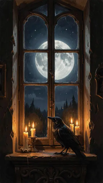A black crow perches on an old wooden window sill beside lit candles, with a full moon visible outside at night.