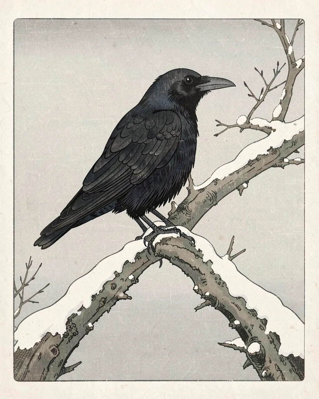 A black crow perched on a snow-dusted bare branch against a pale gray overcast sky, rendered in Japanese woodblock print