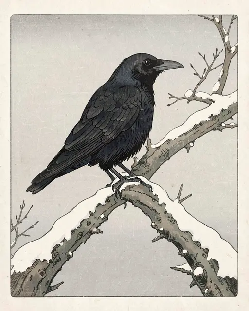 A black crow perched on a snow-dusted bare branch against a pale gray overcast sky, rendered in Japanese woodblock print