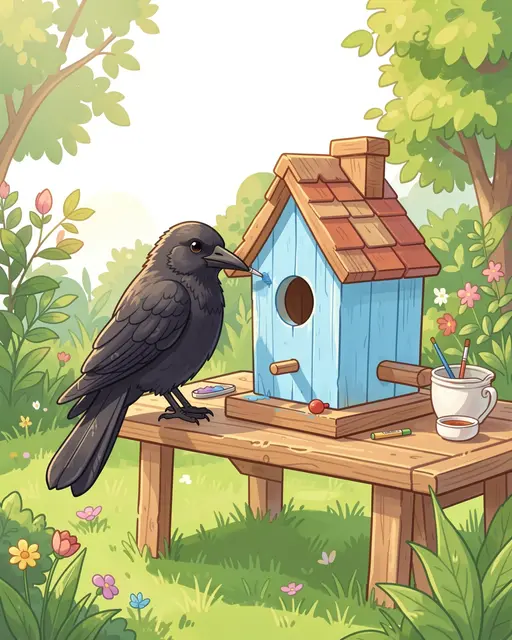 A cute illustrated crow paints a light blue birdhouse on a small wooden garden table surrounded by foliage and flowers.