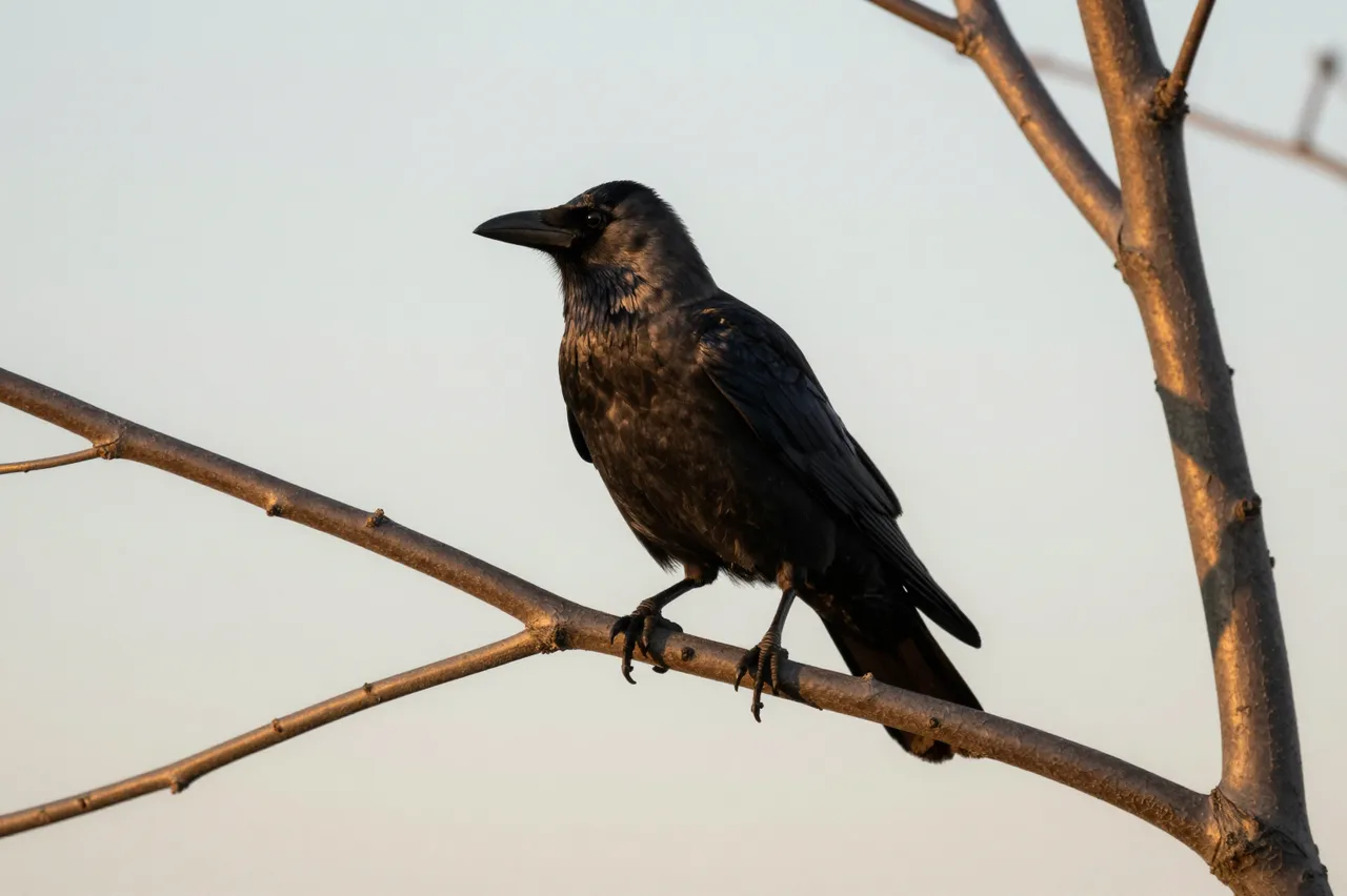 A black crow sits still on a leafless tree branch lit by warm sunset light