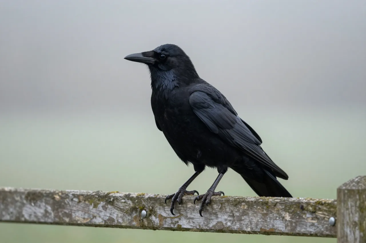 A black crow stands perched on a weathered wooden fence against soft foggy countryside background.