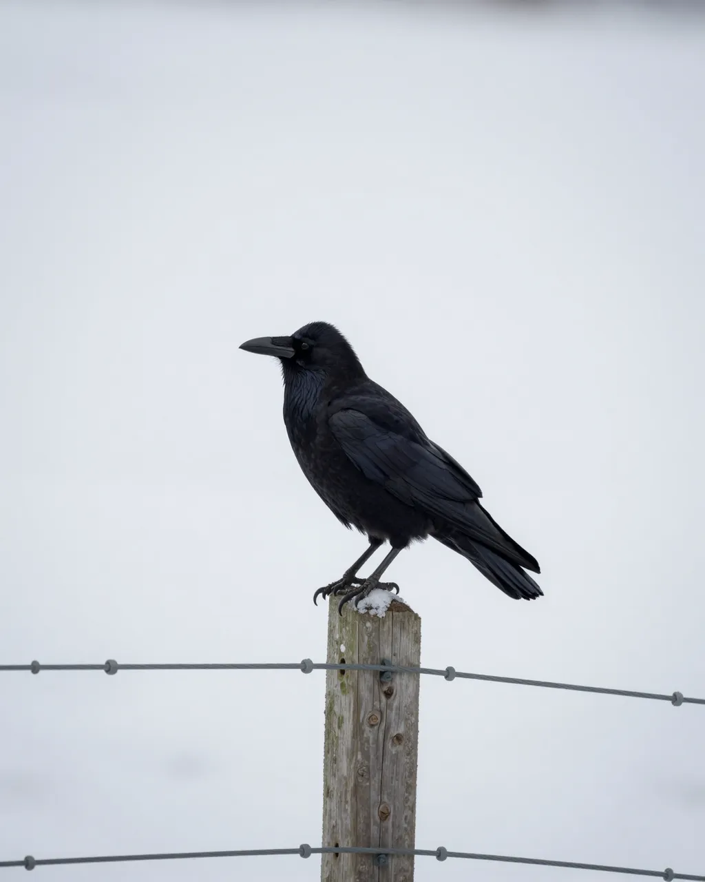 A black crow perches on a snow-dusted wooden fence post against a bright overexposed snowy field.