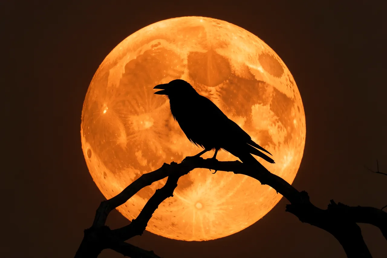 Black crow silhouette perched on a twisted branch in front of a huge glowing orange full harvest moon
