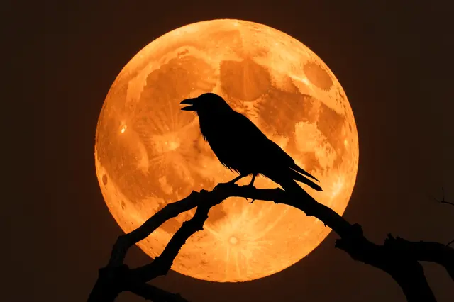 Black crow silhouette perched on a twisted branch in front of a huge glowing orange full harvest moon