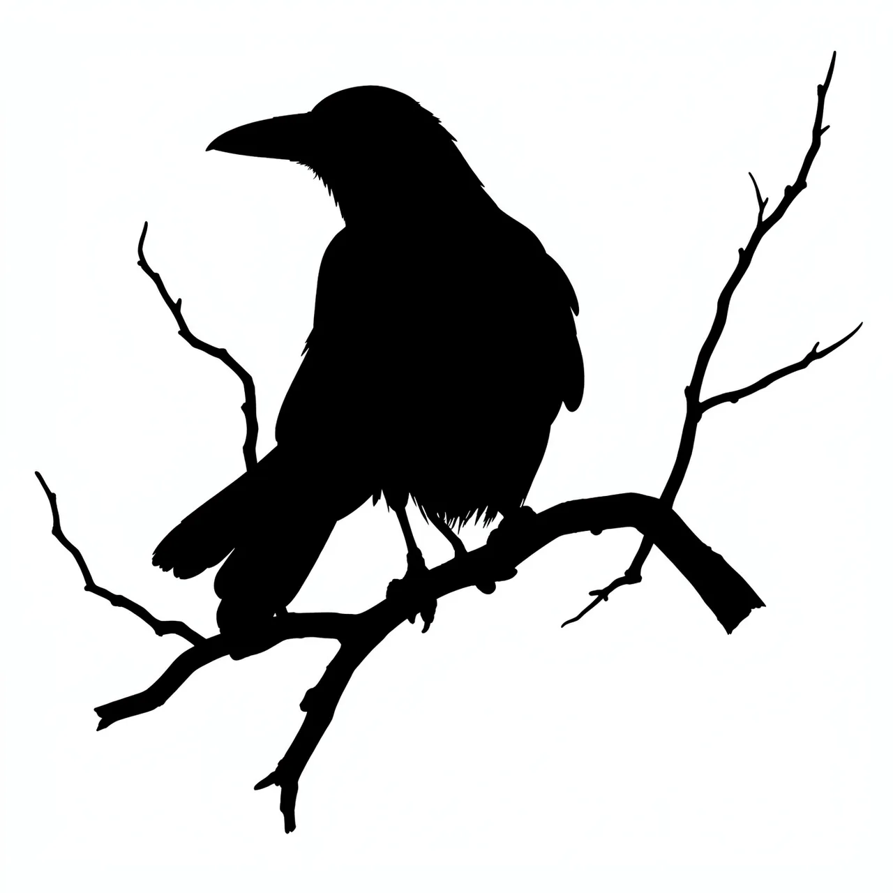 Solid black crow silhouette perched on a twisted bare branch against a plain white background