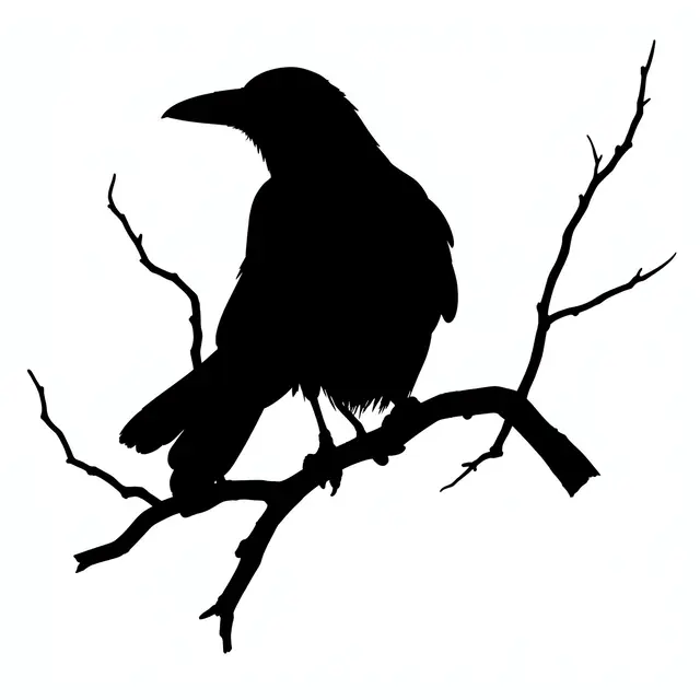 Solid black crow silhouette perched on a twisted bare branch against a plain white background