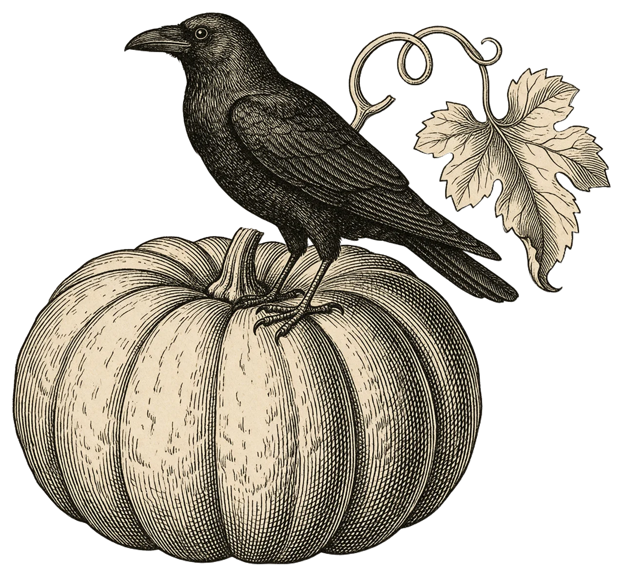 Antique engraving style crow facing left perched on a ribbed pumpkin with a curling vine and leaf
