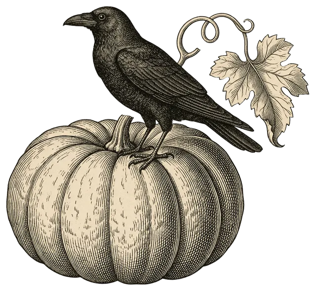 Antique engraving style crow facing left perched on a ribbed pumpkin with a curling vine and leaf