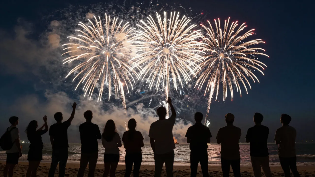Silhouetted people stand on a beach watching bright golden fireworks burst over the ocean at night