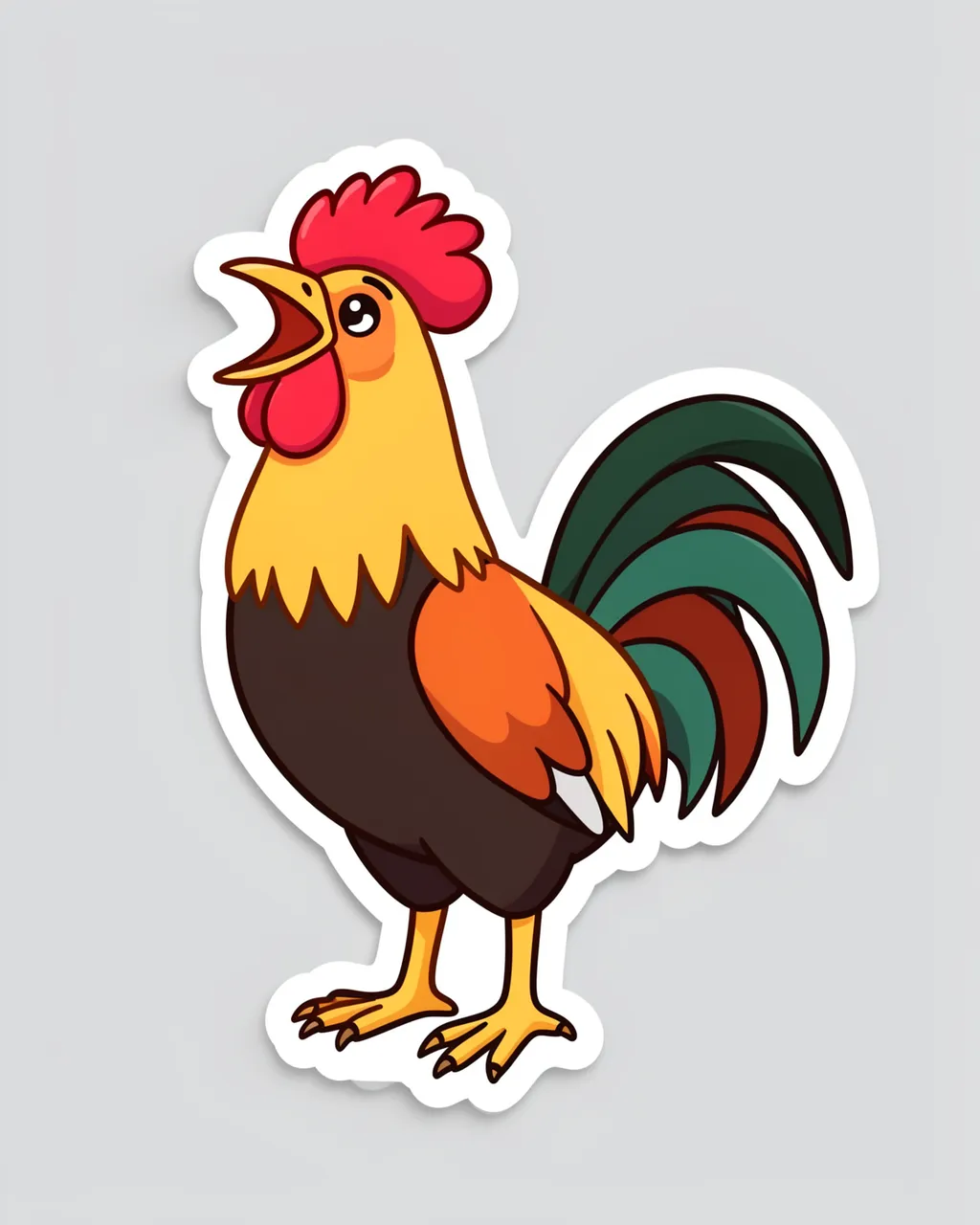 Cute flat illustration sticker of a proud crowing rooster with a thick white border on a light gray background