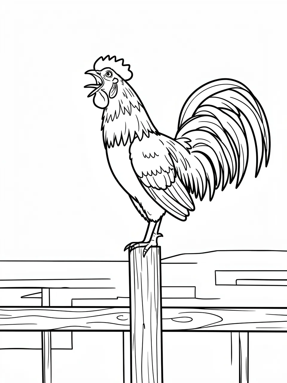 Black and white bold line art of a crowing rooster perched on a wooden fence post