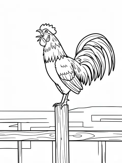 Black and white bold line art of a crowing rooster perched on a wooden fence post