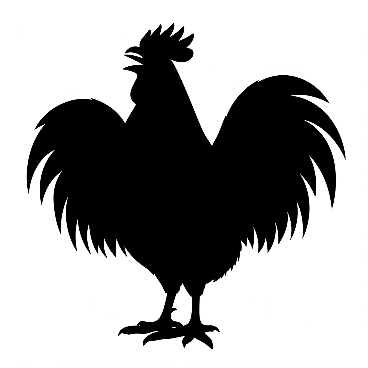 Solid black silhouette of a crowing rooster with puffed chest on a plain white background