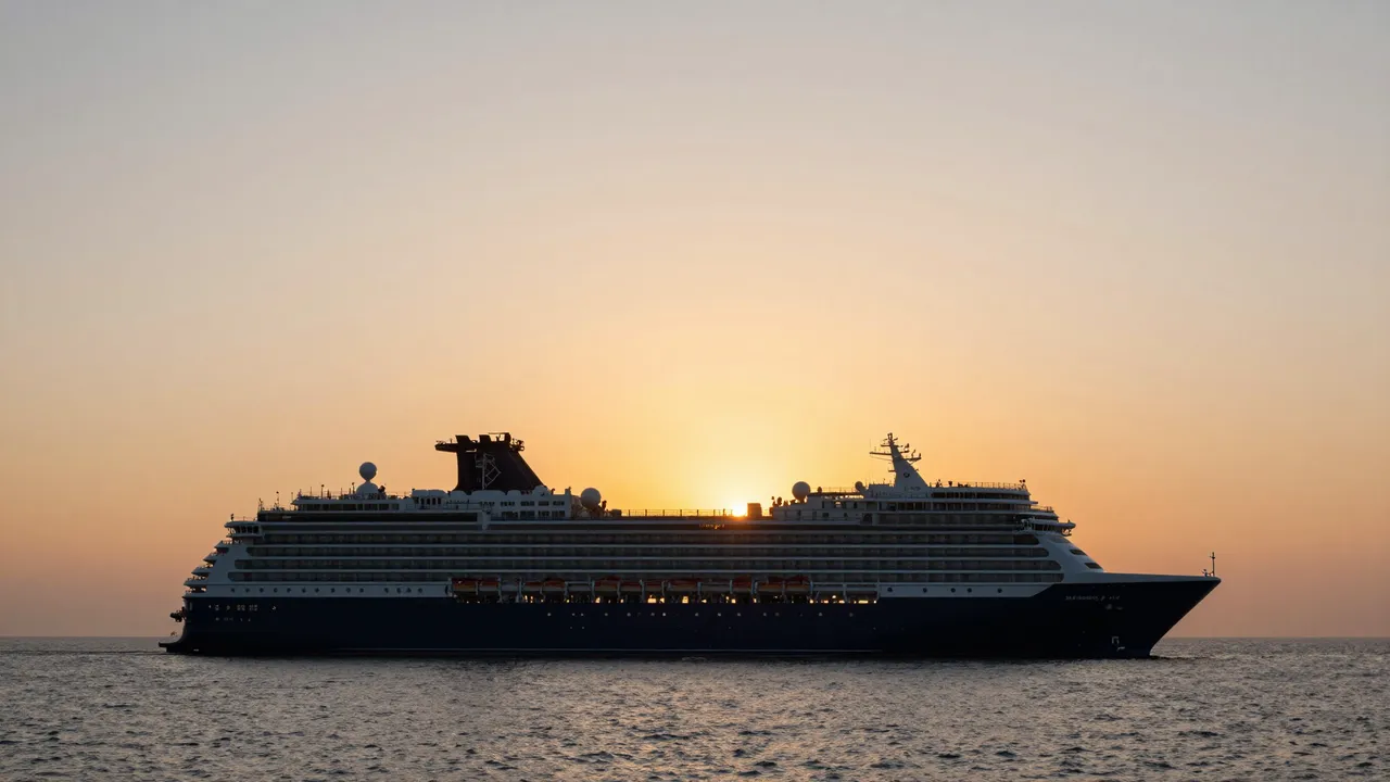 A large cruise ship sails on calm sea with the setting sun positioned behind its superstructure