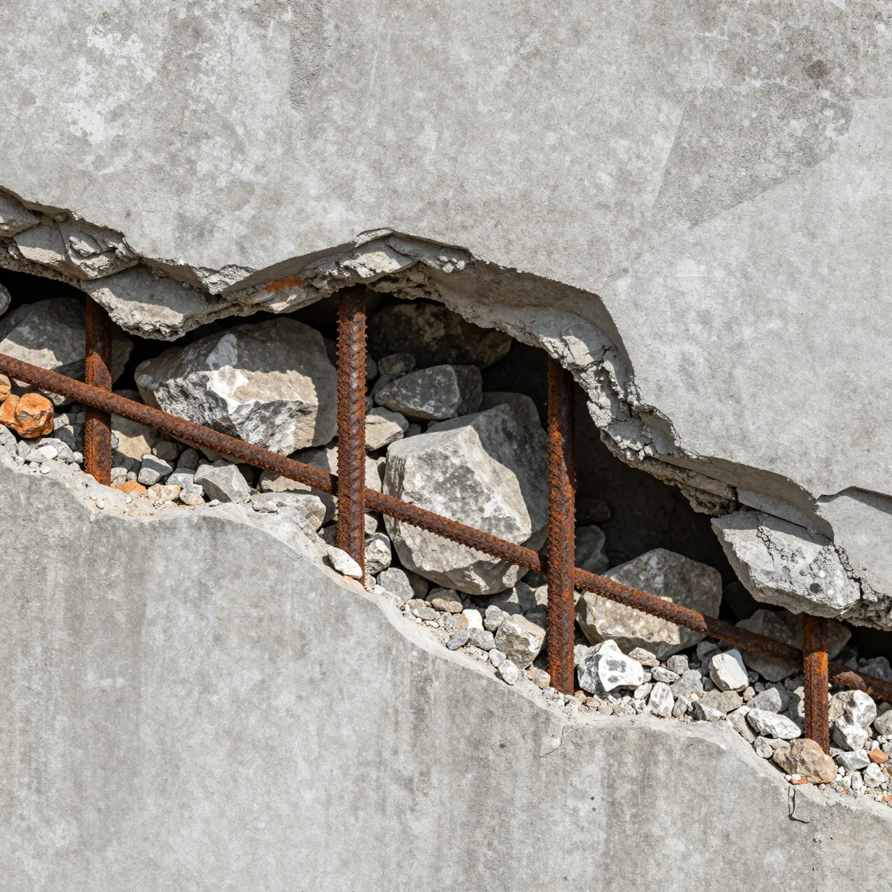 Close-up of broken weathered concrete exposing rusty rebar, rough aggregate and loose rubble.