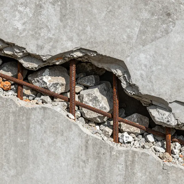 Close-up of broken weathered concrete exposing rusty rebar, rough aggregate and loose rubble.