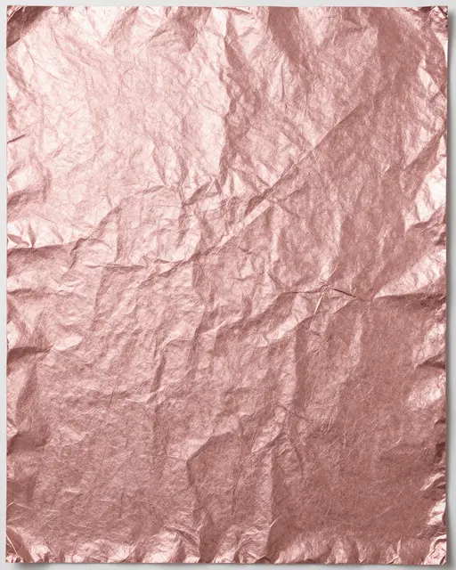 Full frame close-up of crumpled, shimmering rose gold metallic foil with soft light catching its folded facets