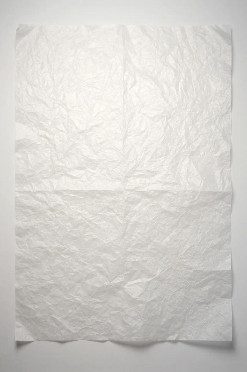 Translucent crumpled white tracing paper glows softly against a plain neutral backlight