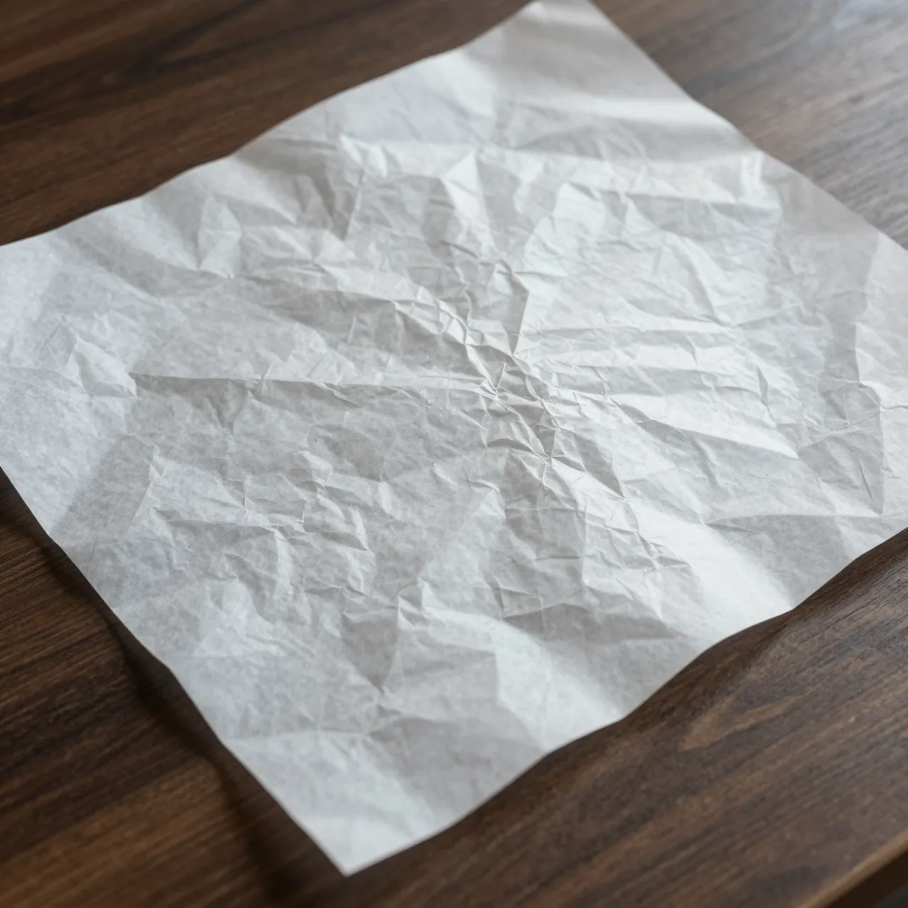 Crumpled translucent wax paper rests flat atop a dark wooden surface under soft even light
