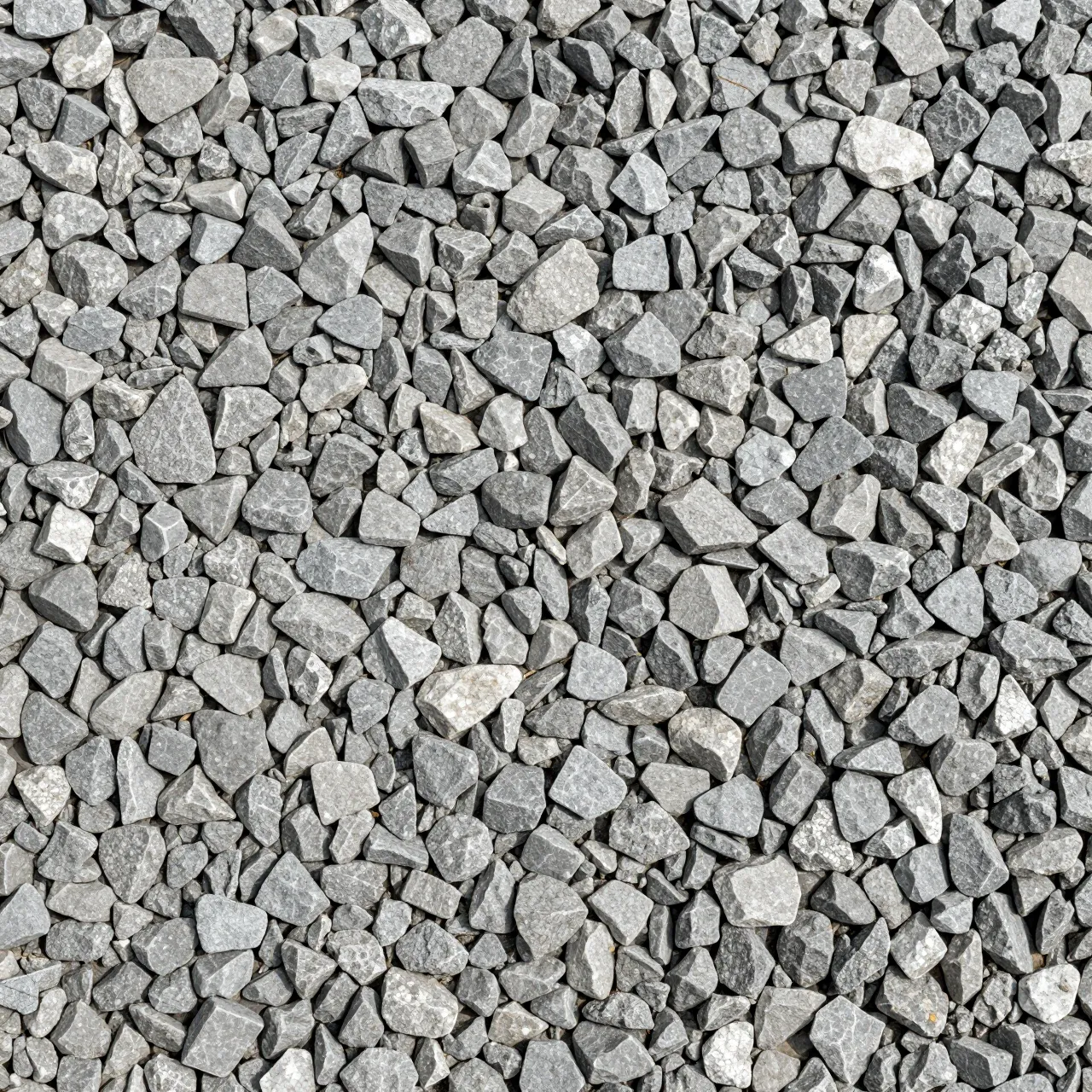 Top view of a full frame flat surface covered in sharp angular gray crushed gravel chips of mixed sizes