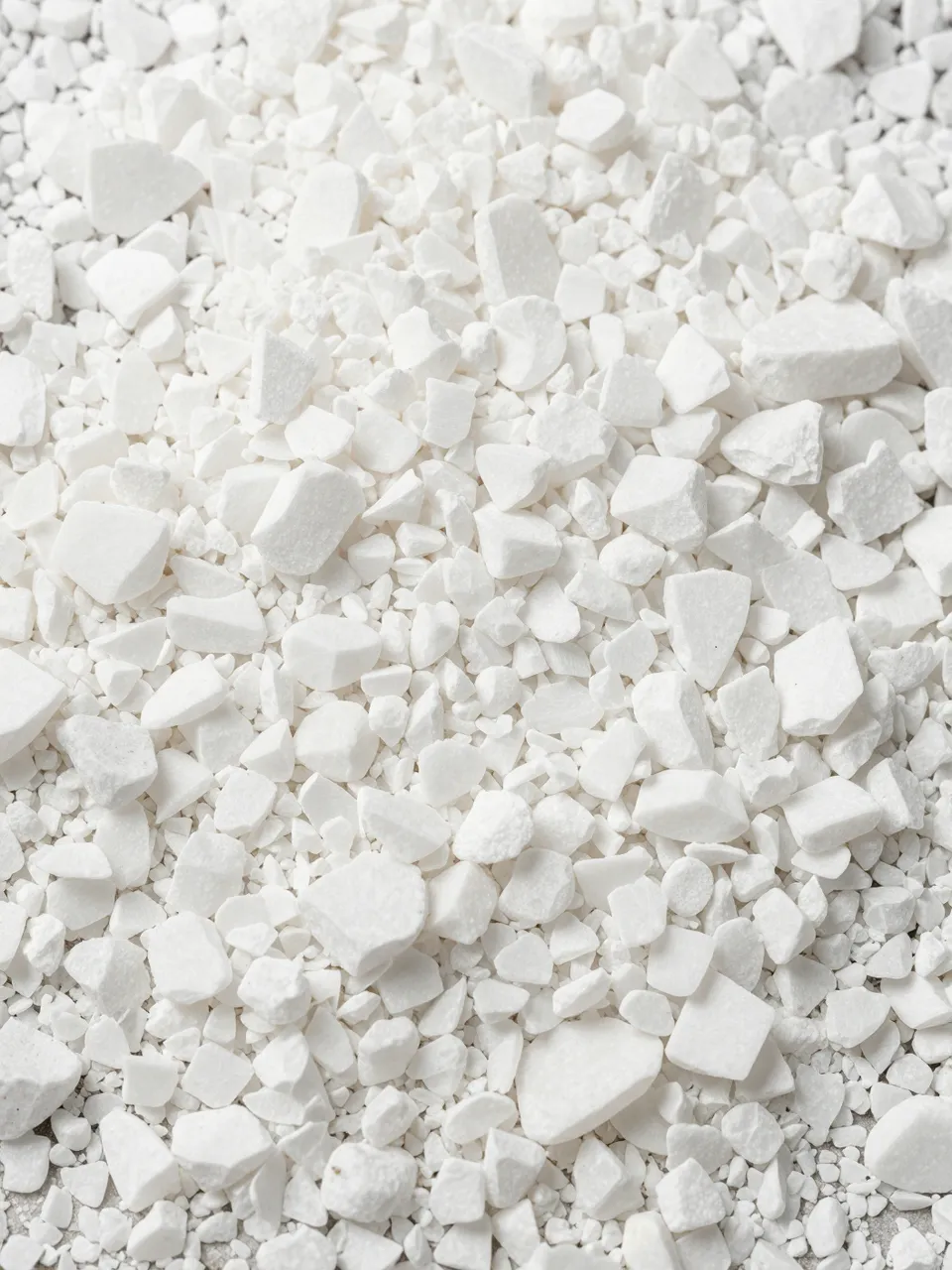 Top view close-up of densely packed crushed white marble chips filling the entire frame