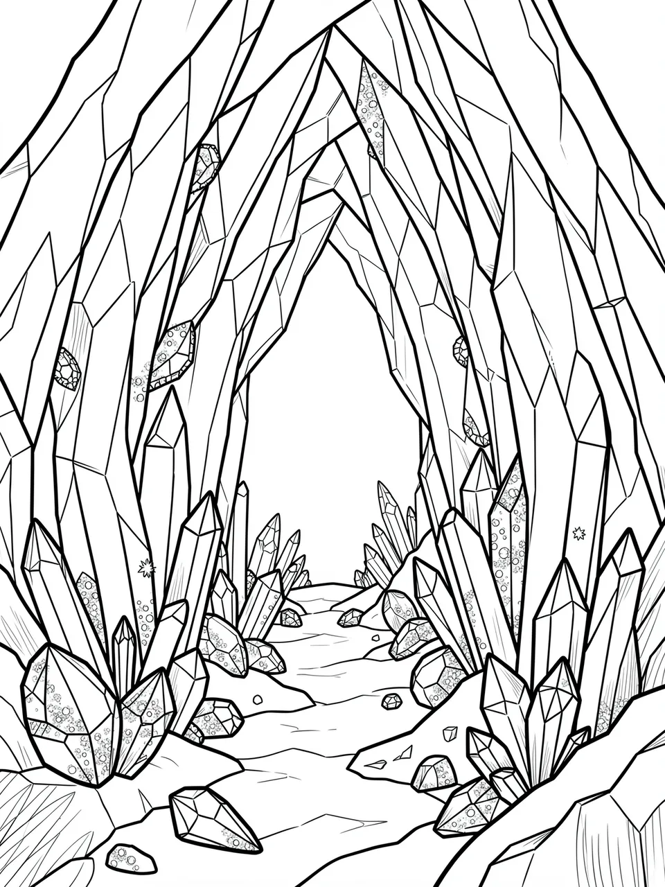 Black and white line art of a crystal cave archway with gemstone formations on a white background