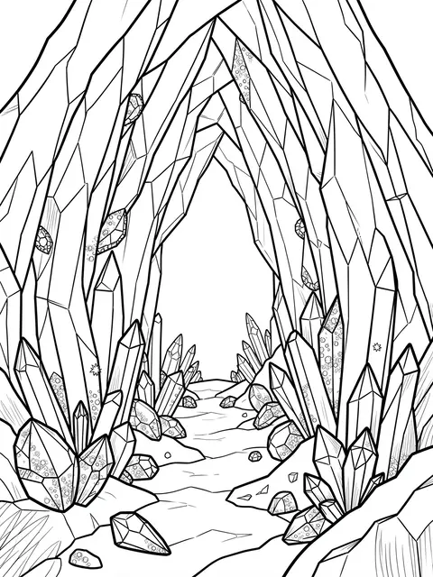 Black and white line art of a crystal cave archway with gemstone formations on a white background