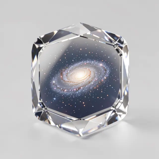 Faceted clear crystal square chip containing a swirling spiral galaxy against a plain light gray background