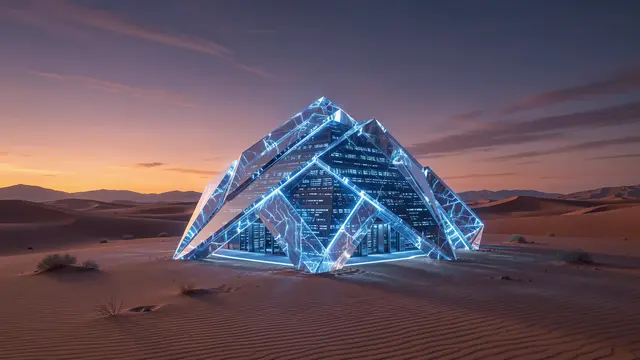 Glowing blue crystalline futuristic data center set in sand dunes at desert twilight