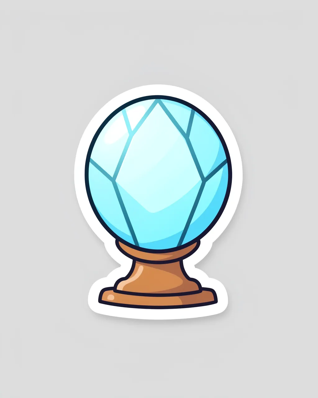 Die-cut sticker of a glowing blue crystal orb on a wooden stand, set against a plain light gray background