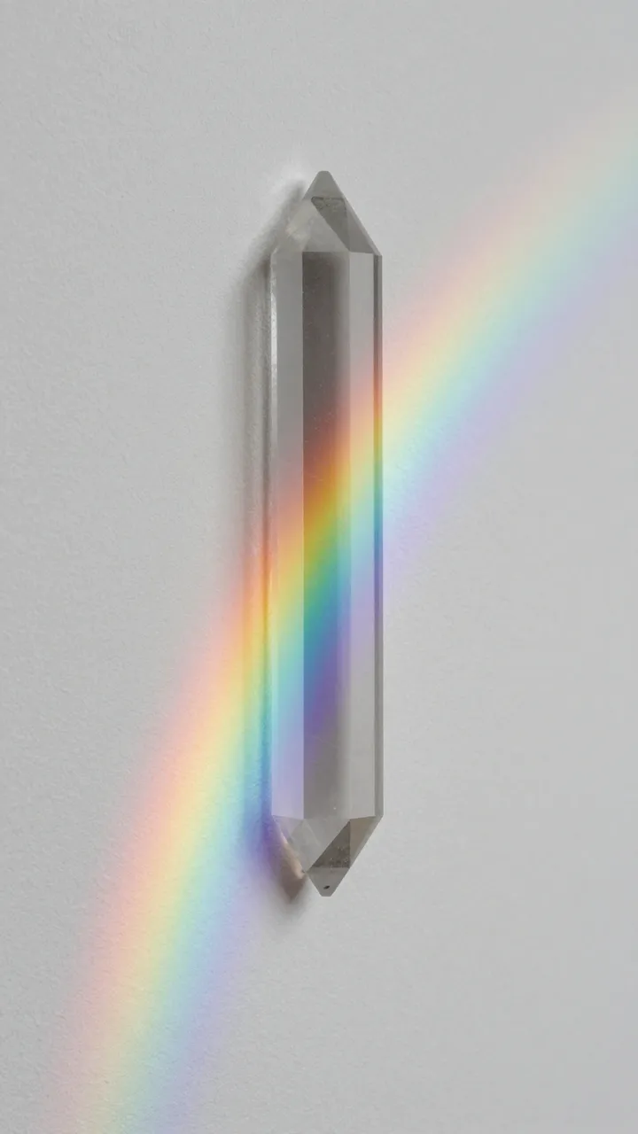 A clear double-terminated crystal prism casts soft rainbow light streaks across a plain white wall