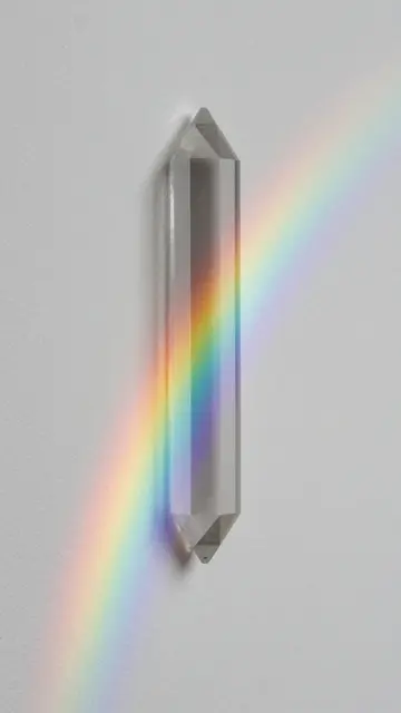 A clear double-terminated crystal prism casts soft rainbow light streaks across a plain white wall