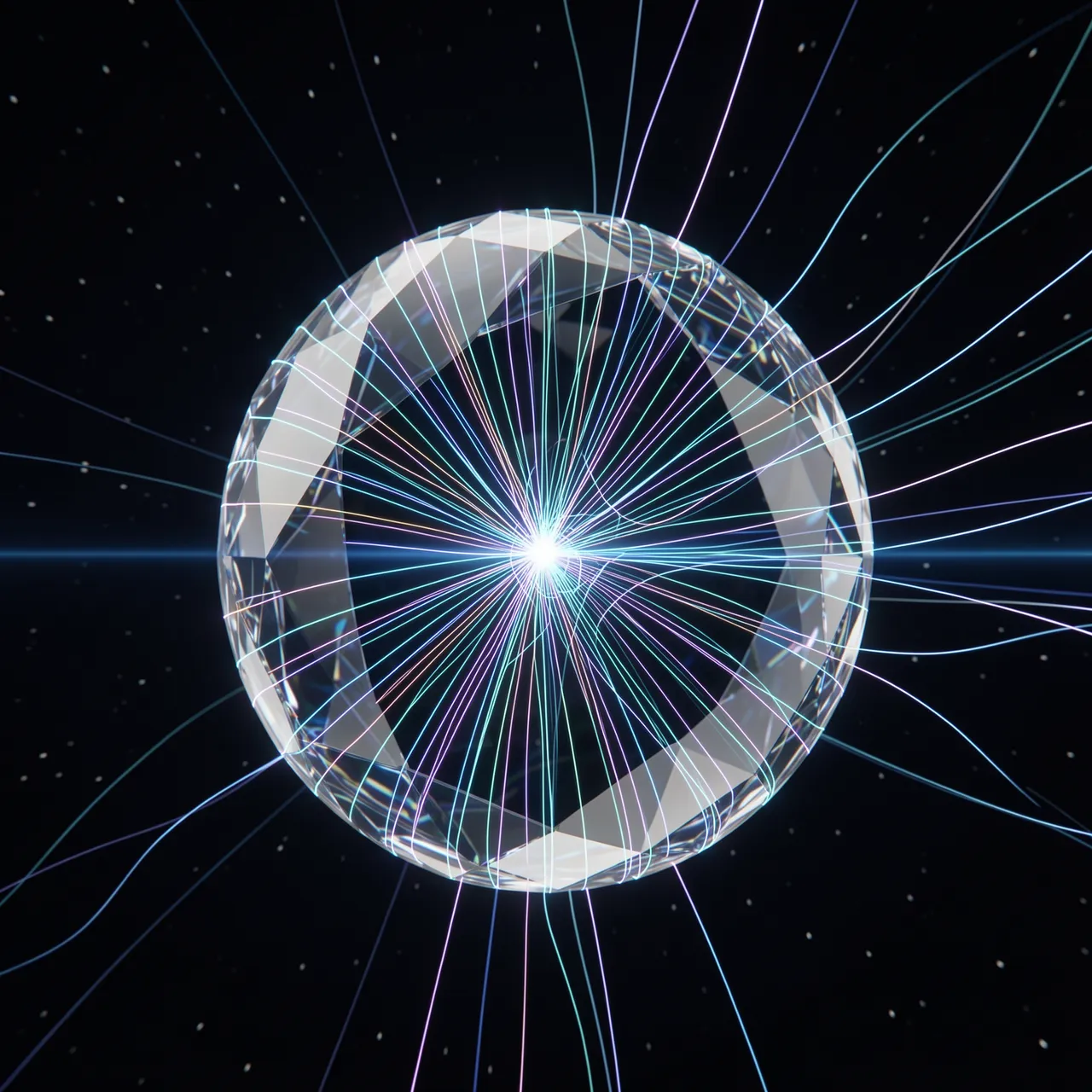 Faceted crystal sphere refracts glowing multicolored light beams against a dark starry background