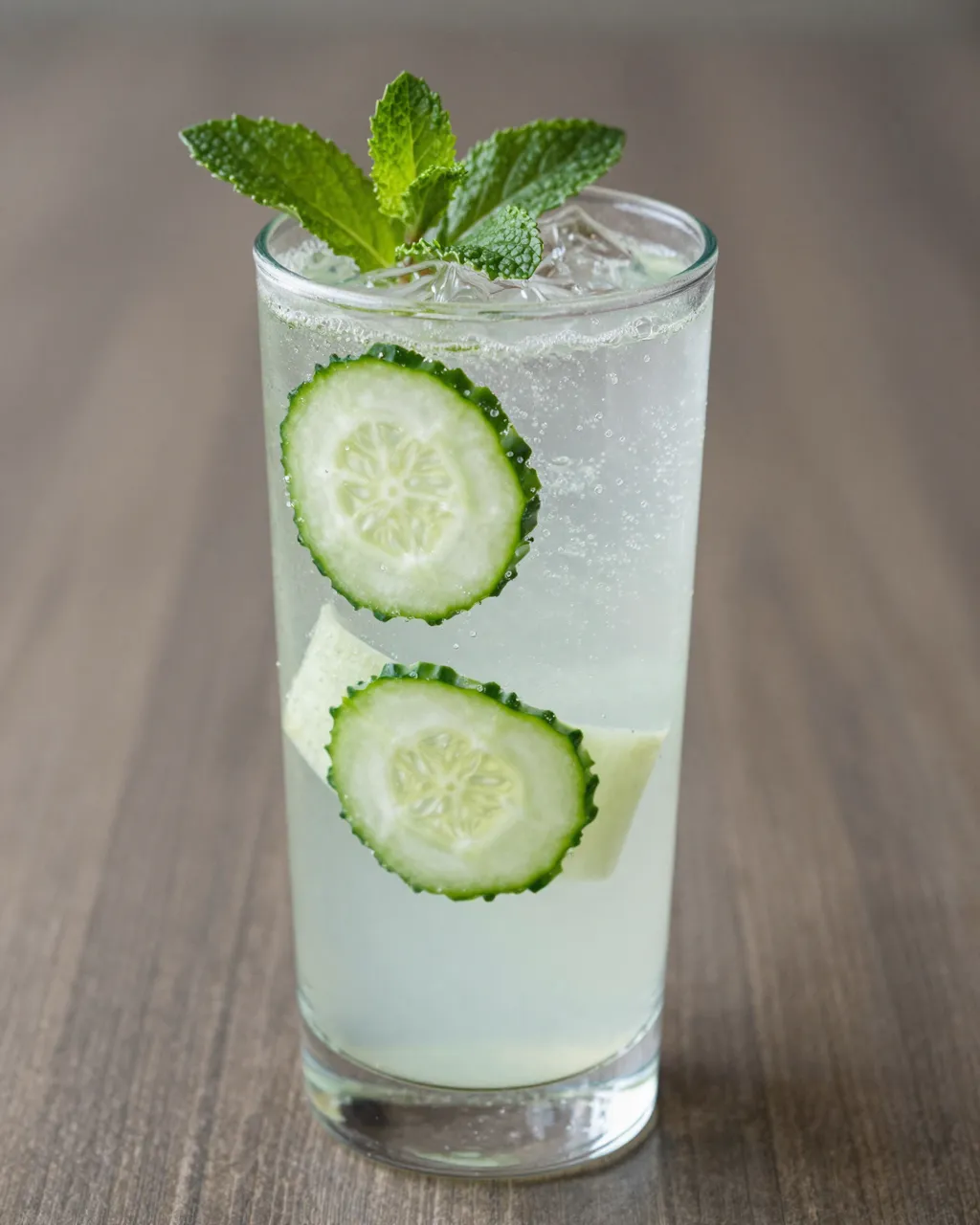 Tall glass of cucumber mint sparkling mocktail resting on a wooden table