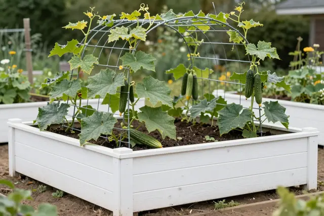 White painted wooden raised garden bed with an arched wire trellis heavy with growing cucumber vines and fruit