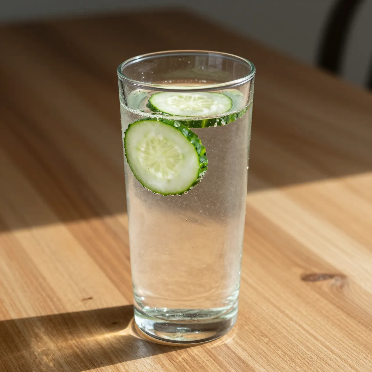 Tall glass of cucumber infused water rests on a sunlit wooden table in morning light